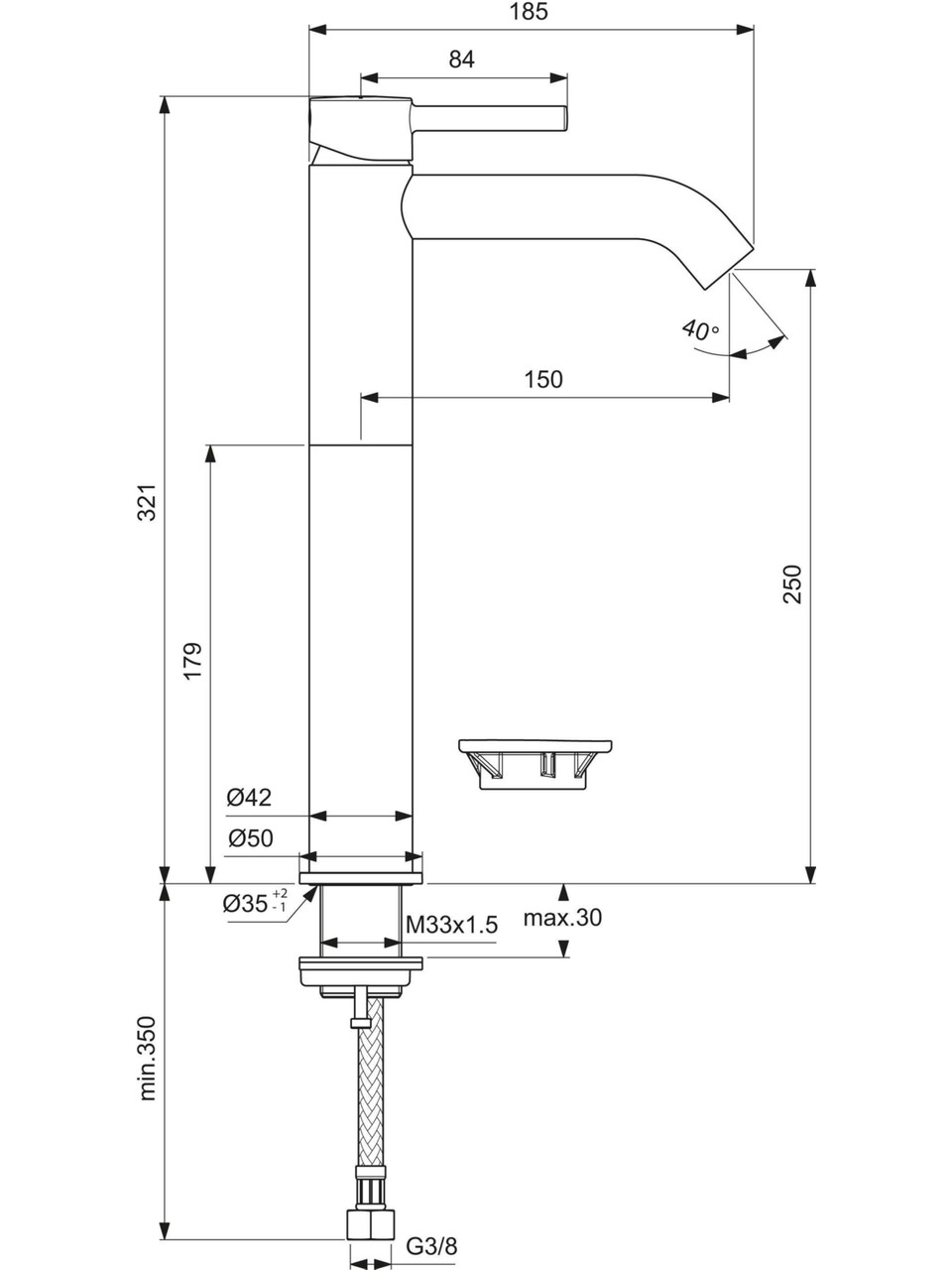 IDEAL STANDARD CERALINE YÜKSEK LAVABO BATARYASI MAT SİYAH (BC269XG) - Görsel 3